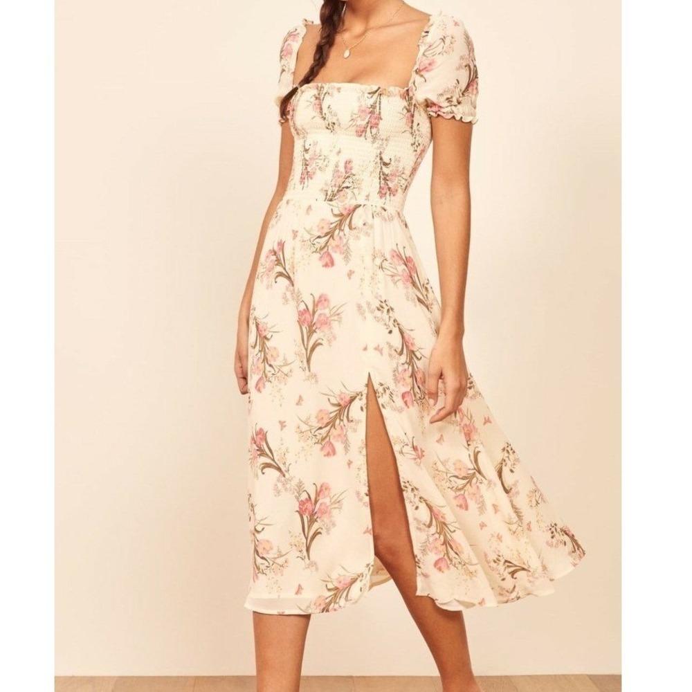 Reformation Yellow Inka Midi Dress Leila Floral Smocked Side Slit Size Large